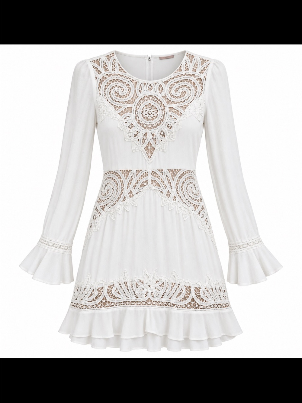 FOR LOVE OF LEMONS crochet lace mini dress with long sleeve ruffle boho dress S
